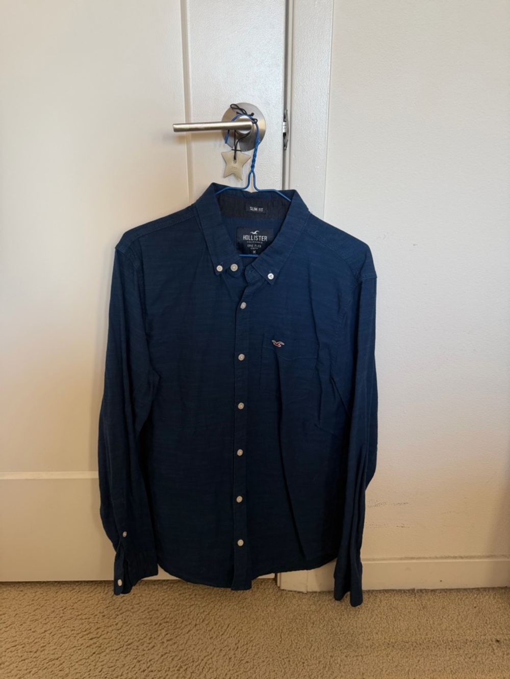 Hollister Men's Dark Blue Button-Down Shirt with Logo